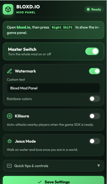 Bloxd.io Mod Panel Interface Preview